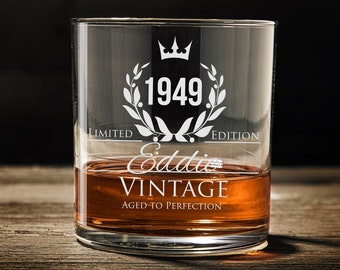 75th Birthday Gift, 1949 Birthday, Birthday Whiskey Glass, WG130