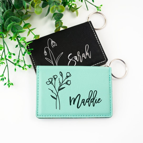 Personalized Birth Flower Keychain Wallet, Custom Engraved Women's Wallet