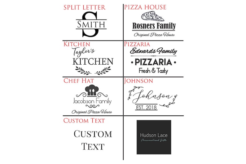 May include: A digital image showing various logo designs for a kitchen, pizza house, and chef hat. The logos are in black and white with a red and white color scheme. The logos include text such as "Smith", "Taylor's Kitchen", "Jacobson Family", "Rosners Family", "Edwards Family", "Johnson", and "Hudson Lace".