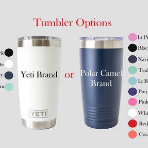 K&ouml;nnte beinhalten: Zwei Edelstahlbecher, einer wei&szlig; mit dem Yeti-Logo und dem Text "Yeti Brand" und der andere marineblau mit dem Text "Polar Camel Brand". Rechts neben den Bechern ist eine Farbkarte mit verschiedenen Farben abgebildet.