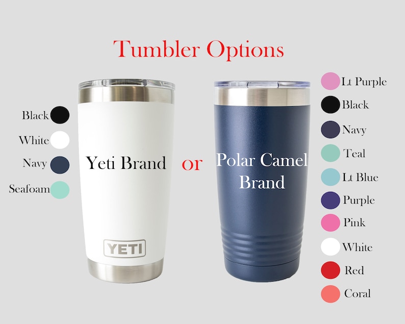 K&ouml;nnte beinhalten: Zwei Edelstahlbecher, einer wei&szlig; mit dem Yeti-Logo und dem Text "Yeti Brand" und der andere marineblau mit dem Text "Polar Camel Brand". Rechts neben den Bechern ist eine Farbkarte mit verschiedenen Farben abgebildet.