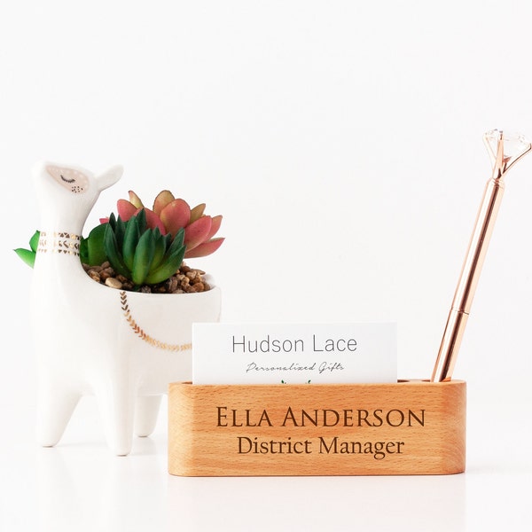 Personalized Desk Name Plate Business Card Holder & Pen Organizer - Custom Engraved Desk Organizer, Ships Fast