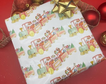 Papier cadeau Train du Père Noël noir | Papier cadeau Santa Express afro-américain | Papier aquarelle Train de Noël | Papier cadeau Père Noël diversifié