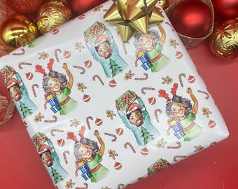 Papier cadeau de Noël pour enfants noirs | Papier cadeau pour enfants afro-américains | Papier cadeau aquarelle pour les fêtes