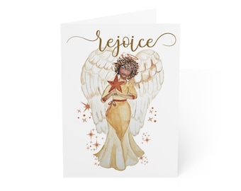 de voeux d'ange noir | Carte de Noël afro-américaine | Robe noire Angel Gold pour femme | Lot de cartes d'encouragement spirituel