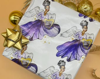 Papier cadeau ange noir | Papier cadeau afro-américain | Papier des Fêtes aquarelle | Emballage cadeau de Noël pour femme noire spirituelle