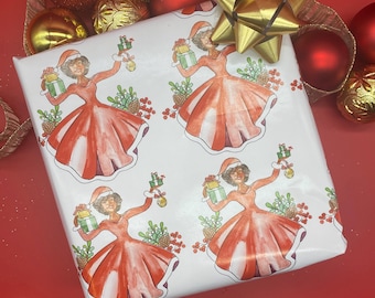 Papier cadeau Mère Noël noire | Papier cadeau Mère Noël afro-américaine | Papier aquarelle pour les fêtes | Papier cadeau de Noël à l'effigie d'une femme noire (Père Noël)
