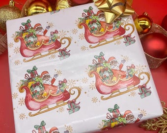Papier cadeau Père Noël noir en traîneau | Papier cadeau Père Noël afro-américain | Aquarelle Père Noël noir | Papier cadeau pour fêtes diversifiées