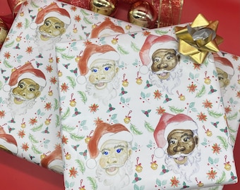 Papier cadeau Père Noël noir | Papier cadeau Père Noël multiculturel | Papier de Noël afro-américain | Papier cadeau aquarelle Père Noël noir