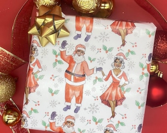 Papier cadeau Père Noël noir | Emballage cadeau afro-américain au pays des merveilles hivernales | Papier de Noël Père Noël dansant