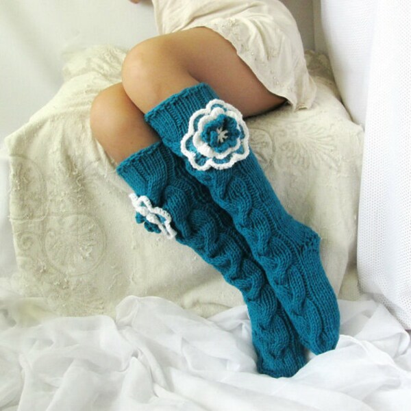 Hand made socks Knee high Socks  Gifts  knit socks Hand knit green-blue socks Wool socks Warm winter socks