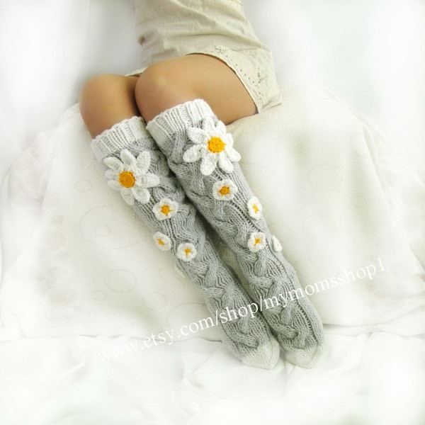 Camomile socks flower knee socks, knit socks womens, Hand knit knee socks, Flower socks, woman leg warmers, Wool socks, Hand knit wool socks