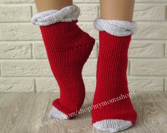 Red socks KNIT SOCKS Valentines gift wool rustic socks hand knit red socks wool socks grey plait