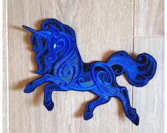 Large patch applique pattern Gothic Unicorn blue 18cm wide