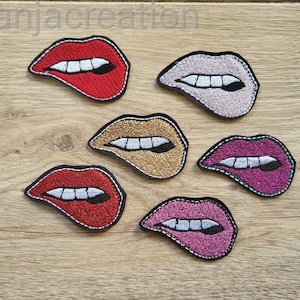 Può includere: Sei toppe ricamate da stirare di labbra di diversi colori con denti bianchi. Le labbra sono rosse, rosa, dorate, viola e due tonalità di rosa.