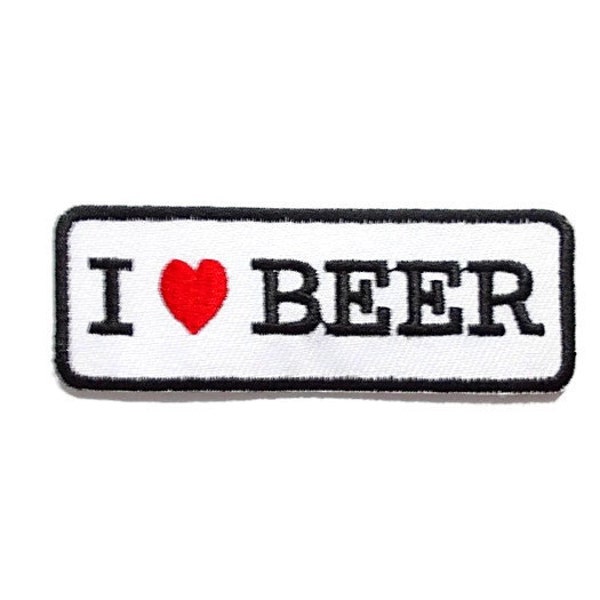 I Love Beer - Red Heart - White Banner New Sew / Iron On Patch Embroidered Applique Size 7.4cm.x2.6cm.