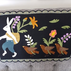 Hand Sewn Wool Applique Mat – March Hare, Birds & Flowers image 2