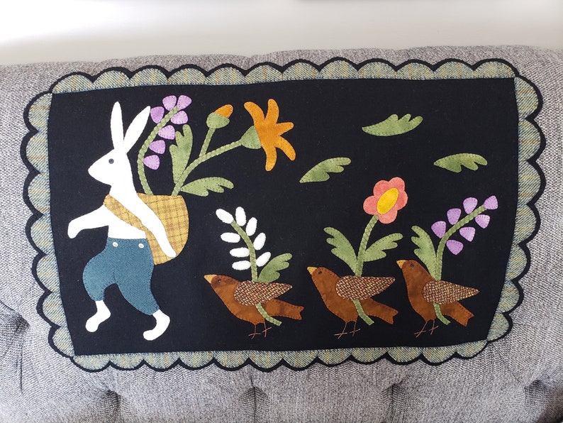 Hand Sewn Wool Applique Mat – March Hare, Birds & Flowers image 2