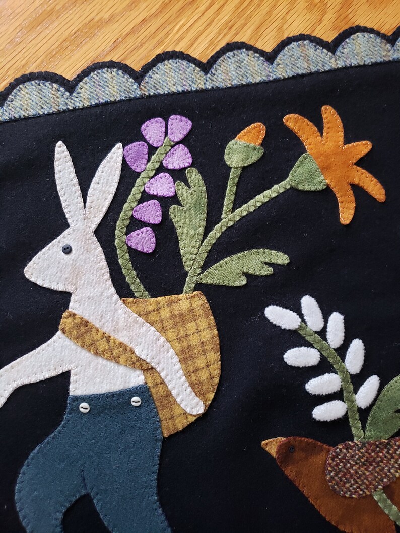 Hand Sewn Wool Applique Mat – March Hare, Birds & Flowers image 6