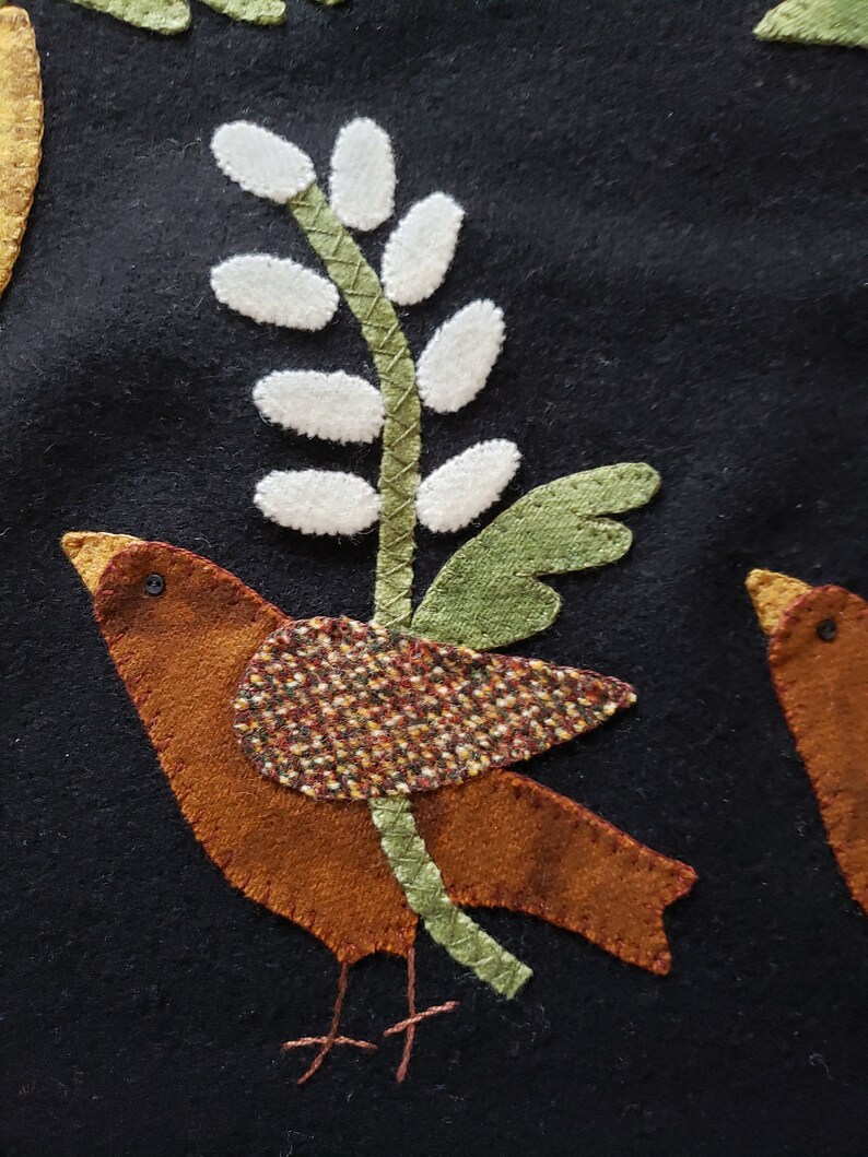 Hand Sewn Wool Applique Mat – March Hare, Birds & Flowers image 4