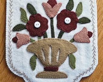Flower Urn Runner – Wool Applique Embroidery, Muted Colors, Buttons