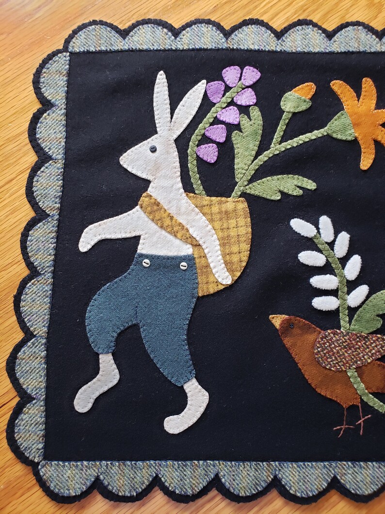 Hand Sewn Wool Applique Mat – March Hare, Birds & Flowers image 7