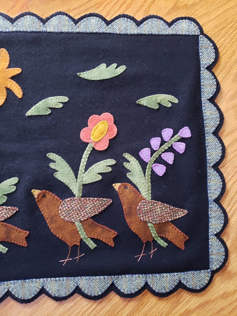 Hand Sewn Wool Applique Mat – March Hare, Birds & Flowers image 10