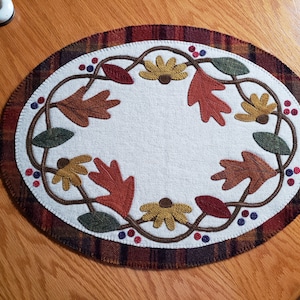 Autumn Splendor Wool Mat - Finished - Leaves, Sunflowers, Berries - All Hand Sewn - Wool Applique w/embroidery