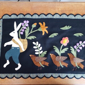 Hand Sewn Wool Applique Mat – March Hare, Birds & Flowers image 3