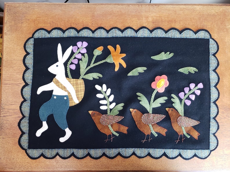 Hand Sewn Wool Applique Mat – March Hare, Birds & Flowers image 3