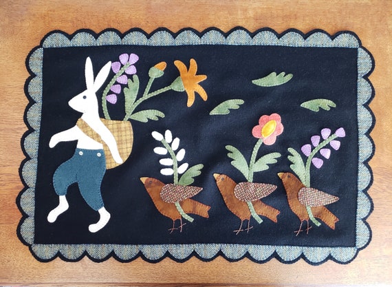 Hand Sewn Wool Applique Mat – March Hare, Birds & Flowers