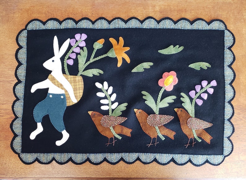 Hand Sewn Wool Applique Mat – March Hare, Birds & Flowers image 1