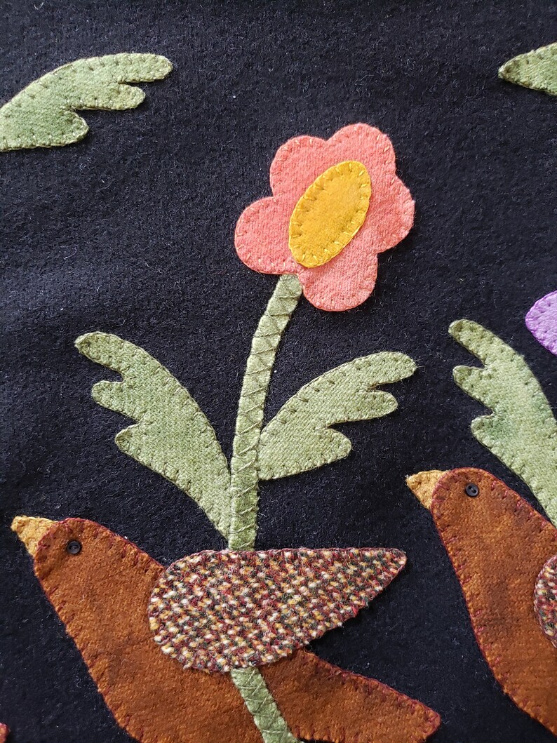 Hand Sewn Wool Applique Mat – March Hare, Birds & Flowers image 8