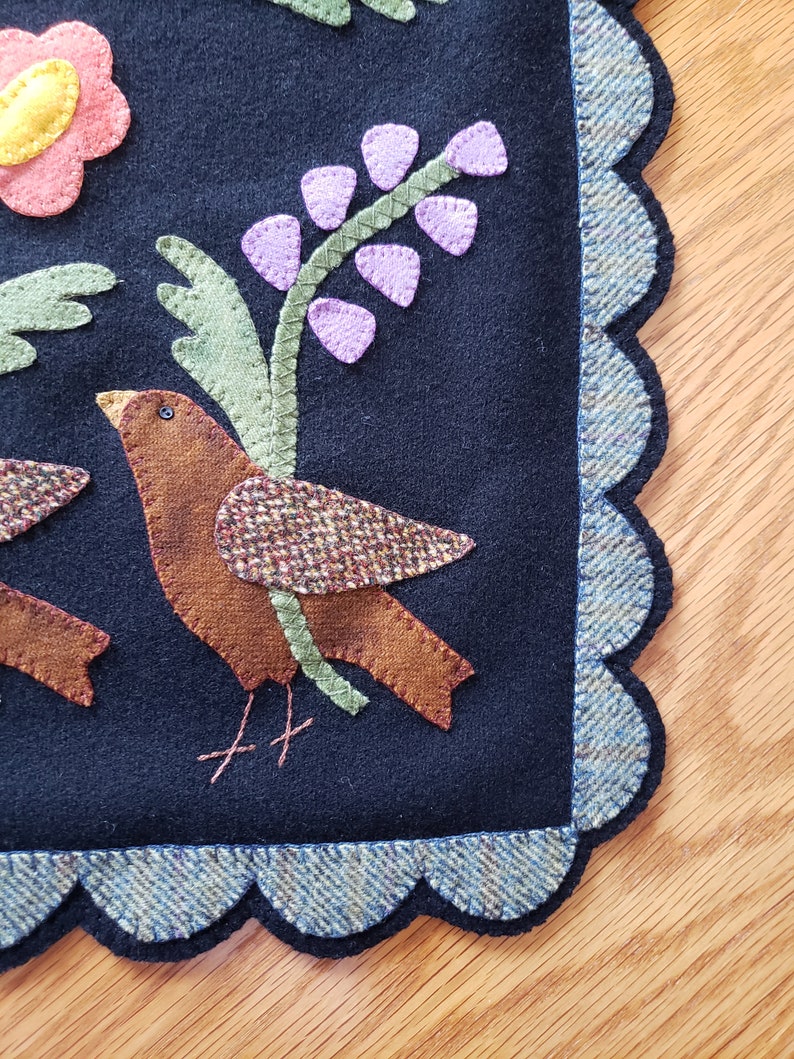 Hand Sewn Wool Applique Mat – March Hare, Birds & Flowers image 5