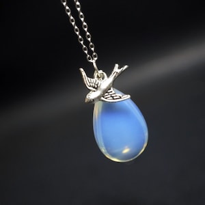 White Oplite Necklace, Teardrop White Opal Pendant for Necklace - Swallow Bird Pendant 2417