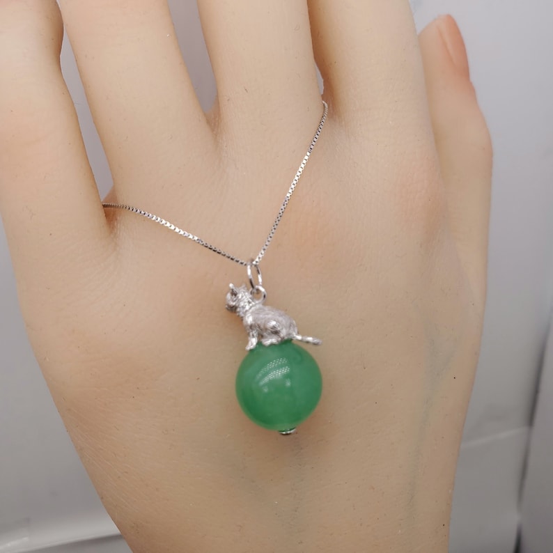 Sterling Silver Cat Jewelry Pet Love Kitty Green Gemstone Jewelry Aventurine Pendant Heart Chakra Healing