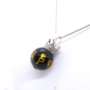 Sterling Silver Crown Black Onyx Necklace , High Energy Om Mani Padme Hum Ohm Mantra Pendant 2373