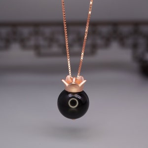 Black Obsidian Necklace Rose Gold Coated Sterling Silver Flower Chakra Healing Protective Rainbow Obsidian Pendant #2039