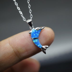 Dolphin Blue Opal Necklace , Full Sterling Silver Dolphin Pendant - Tiny Blue opal pendant #2026