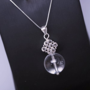 Clear Quartz Necklace - Large Natural Clear Quartz Sterling Silver Folk Chinese Knot Pendant 2449