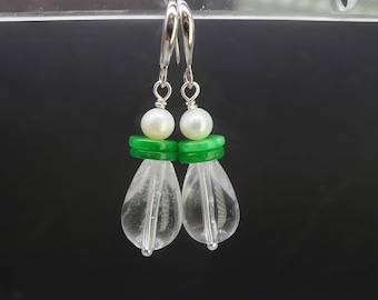 Sterling Silver Clear Quartz Dangle Earrings with Jade and Pearl chunky stone jewelry #2355