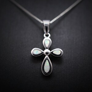 Full Sterling Silver Cross Opal Necklace -  Tiny White Stone Cross Pendant @2020