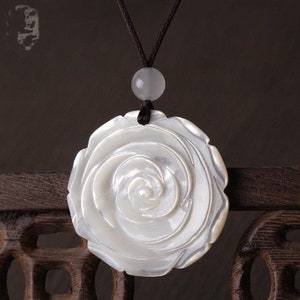 Mother of Pearl Rose Flower Necklace , Large Long Chain White Shell Pendant 2311