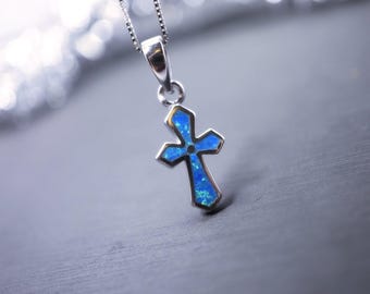 Dainty Sterling Silver Blue Opal Cross Pendant #2188