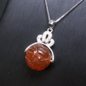 Red Carnelian Lotus Flower Pendant -  Full 925 Sterling Silver Made Crown CZ Pendant 2124