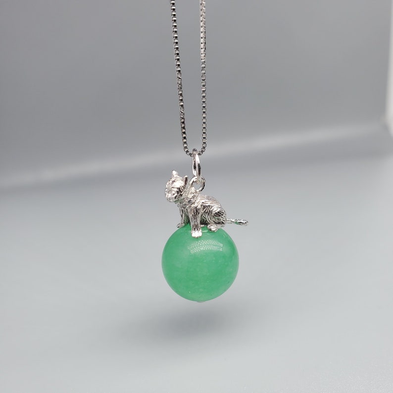 Sterling Silver Cat Jewelry Pet Love Kitty Green Gemstone Jewelry Aventurine Pendant Heart Chakra Healing