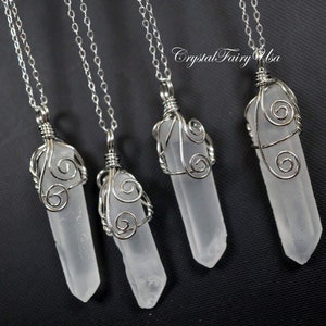Clear quartz necklace, Dull Polished Clear Quartz Pendant - Wire Wrapped Raw White Quartz Point Pendant #2057