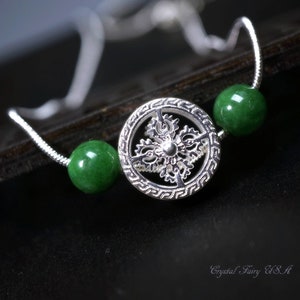 Emerald Jade Necklace - Full Sterling Silver Mens Necklace - Men&#39;s Green Stone Choker , Tibetan Auspicious Amulets Jewelry 2250