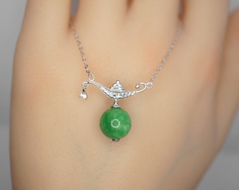 Emerald Jade Necklace 925 Sterling Silver Natural Genuine Green Jade Tiny Mini Minimalist Allah Aladdin lamp Necklace