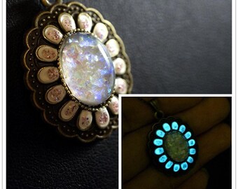 Glow In The Dark White Opal Necklace: Starry Night Pendant chunky stone jewelry #2186